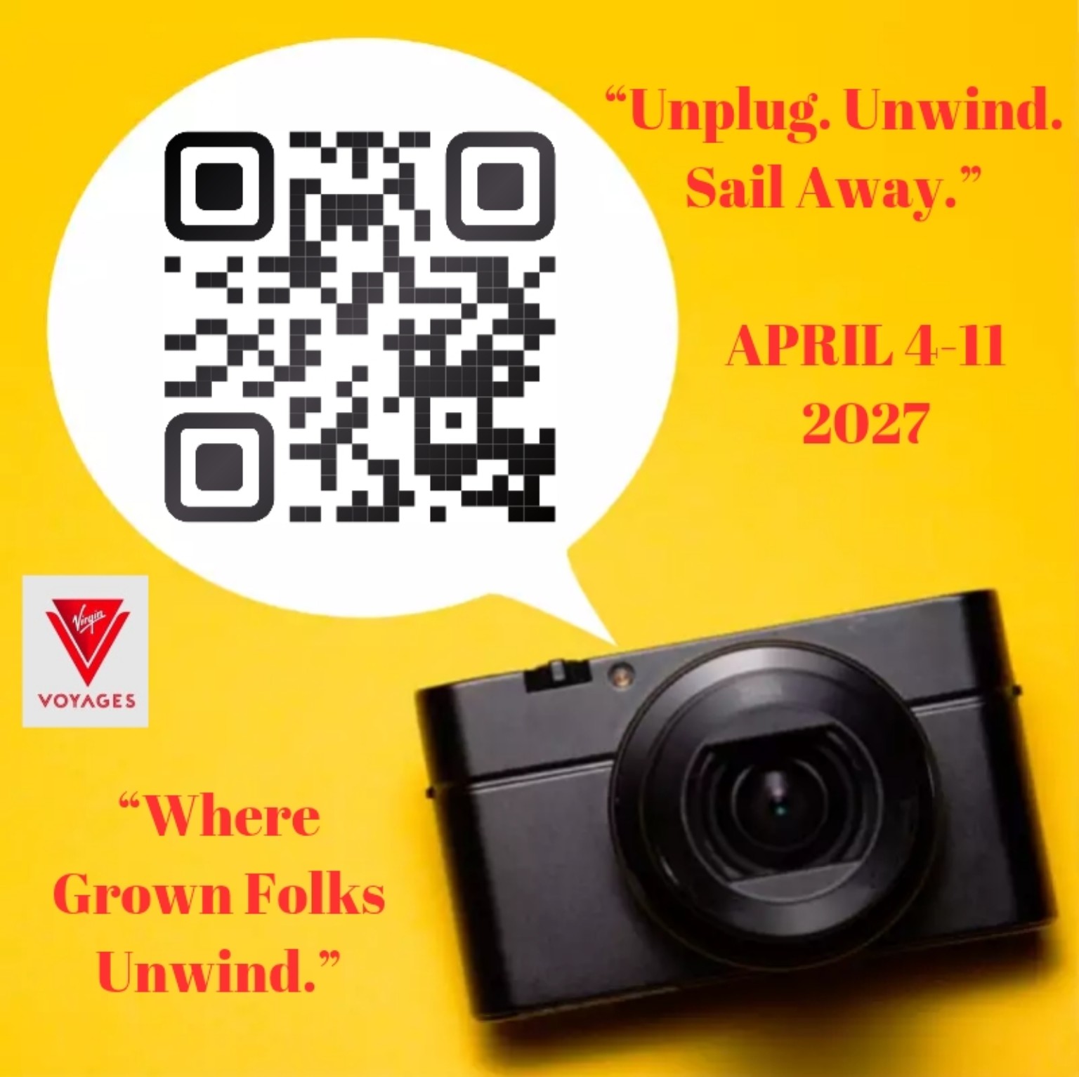 Unplug, Unwind, Sail Away Virgin Voyages group trip flyer for April 4 through 11, 2027